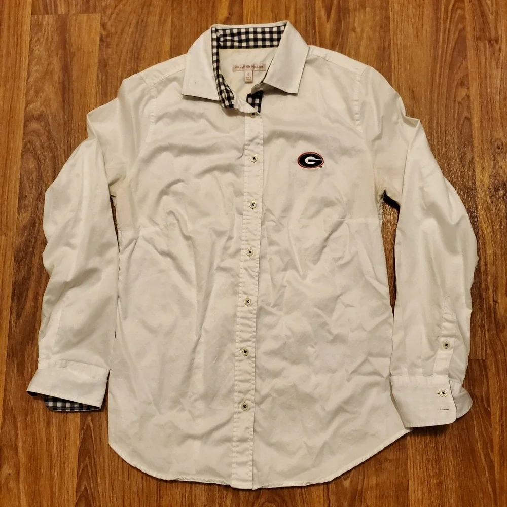 Peter Millar Golf Shirt Women Small White Georgia Bulldogs UGA Gingham Button Up - Picture 2 of 7